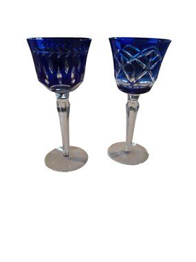 Vintage Cobalt Blue Cut To Clear Cordial Wine Glasses Crystal Stemware Pair
